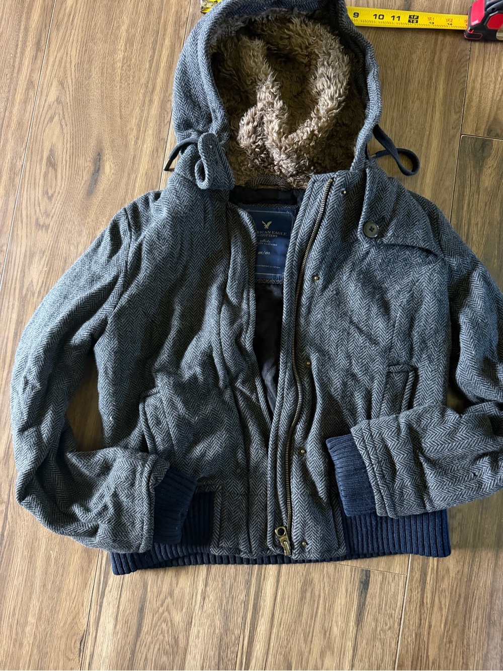 American Eagle Outfitters Gray Hooded Bomber Jacket with Sherpa Lining